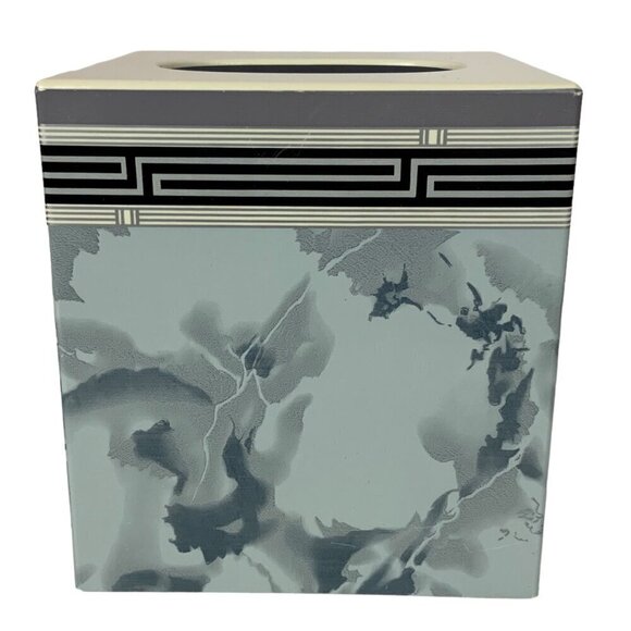 Vintage Geometric Plastic Tissue Box Cover Marbled Blue & Black with White Top - Picture 5 of 8